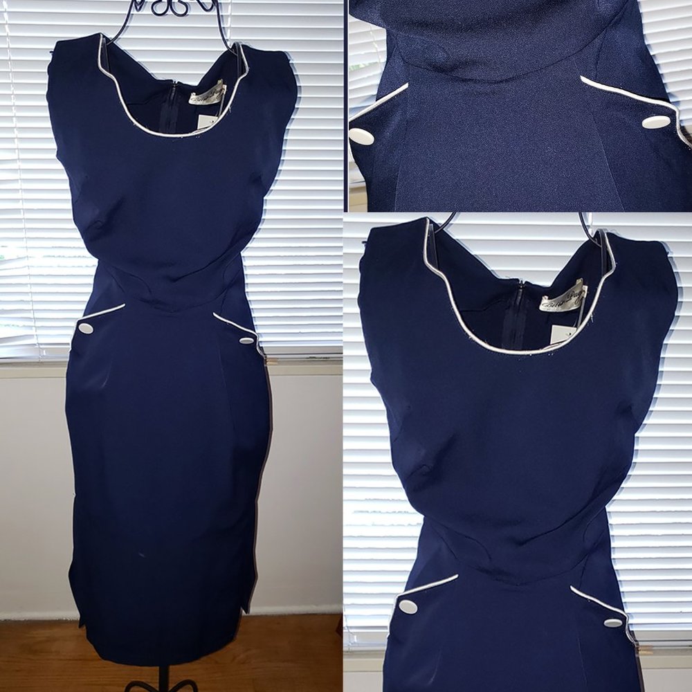 NWT Betty Page by Tatyana Y2K Vintage Navy Blue Hourglass Shift Midi Dress  S